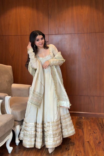 MOST TRENDING OFF WHITE COLOR EMBROIDERY SEQUENCE WORK ANARKALI SUIT