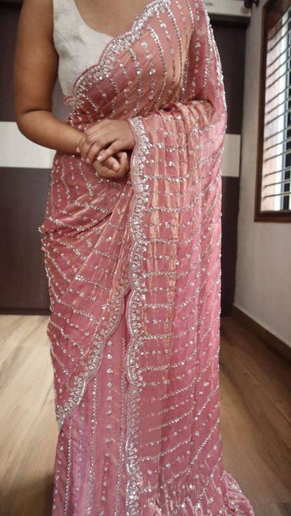 WEDDING WEAR SPACE SILK FABRIC HANDWORK SAREE