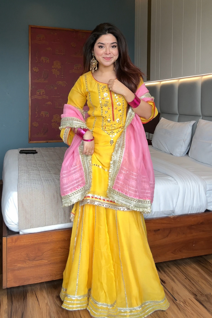 MOST TRENDING YELLOW COLOR EMBROIDERY SEQUENCE WORK SHARARA SUIT SET OF 3