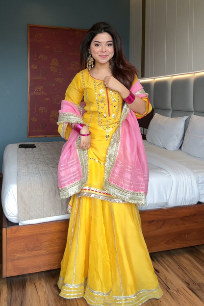 MOST TRENDING YELLOW COLOR EMBROIDERY SEQUENCE WORK SHARARA SUIT SET OF 3