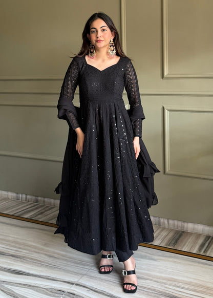 ROYAL BLACK LUCKNOWI GEORGETTE ANARKALI GOWN SET