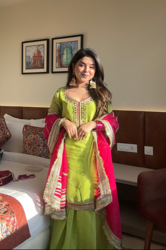 MOST TRENDING PARROT GREEN COLOR EMBROIDERY SEQUENCE WORK SHARARA SUIT SET OF 3