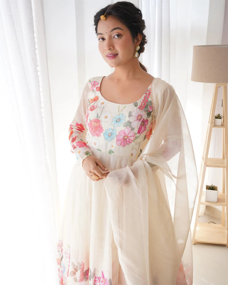 OFF WHITE FLORAL PRINT ORGANZA THREE PIECE ANARKALI SUIT