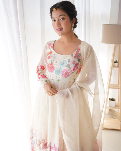 OFF WHITE FLORAL PRINT ORGANZA THREE PIECE ANARKALI SUIT