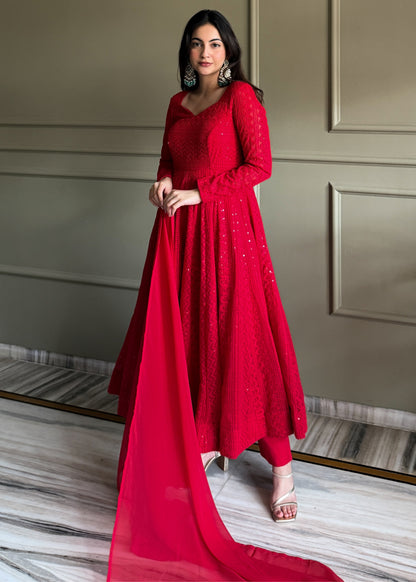 REGAL RED PARTYWEAR LUCKNOWI ANARKALI GOWN SET
