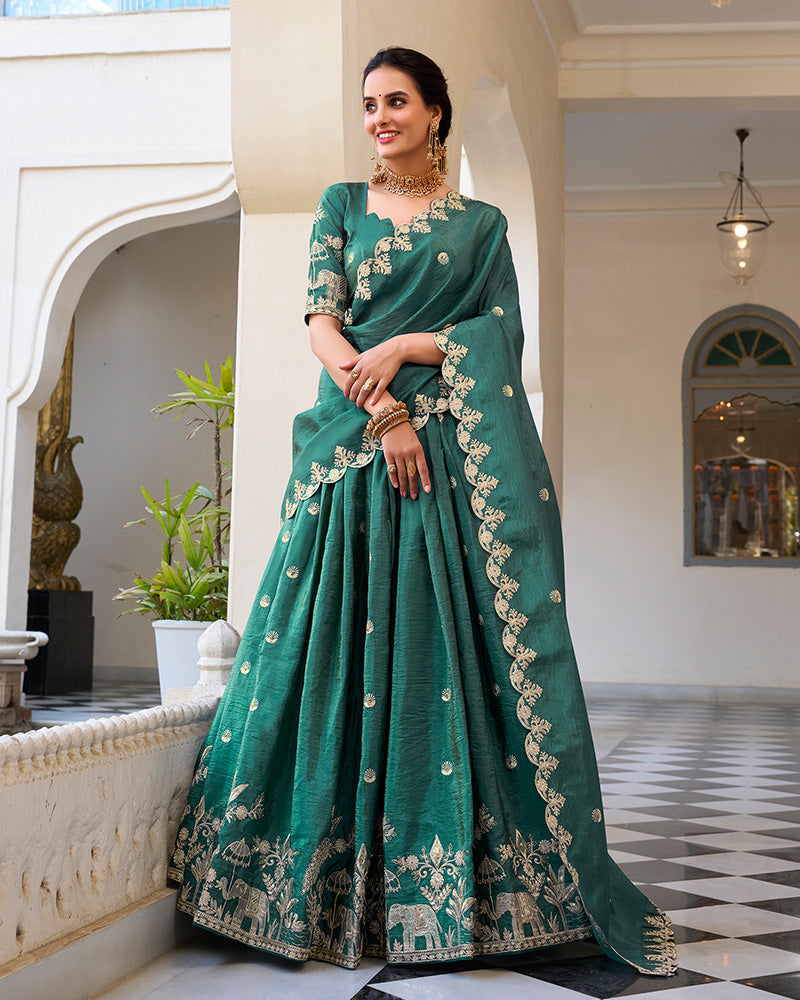 TEAL GREEN BLOOM EMBROIDERED GOLD CRUSH LEHENGA CHOLI