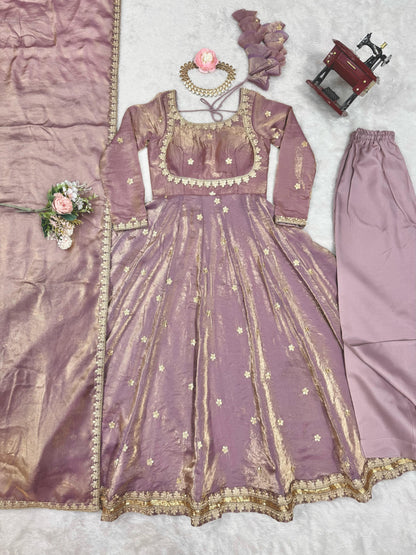 ONION PINK COLOR FANDY SILK BASE EMBROIDERED ANARKALI SUIT SET OF 3