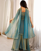 DUSTY BLUE COLOR FENDI SILK EMBROIDERED SHARARA SUIT