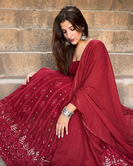 MAROON COLOR EMBROIDERED WORK GEORGETTE BASE ANARKALI SUIT SET OF 3