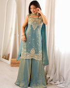 DUSTY BLUE COLOR FENDI SILK EMBROIDERED SHARARA SUIT