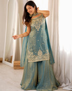 DUSTY BLUE COLOR FENDI SILK EMBROIDERED SHARARA SUIT