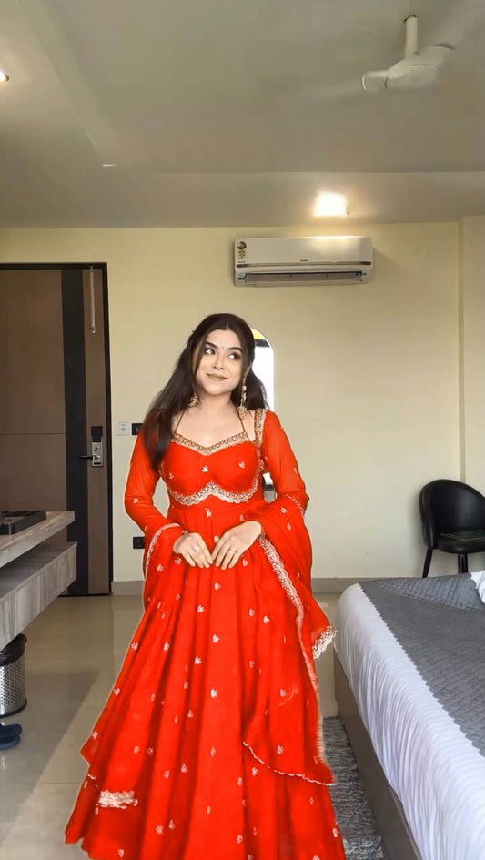 ORANGE RITUAL GEORGETTE BASE ANARKALI GOWN SET OF 3