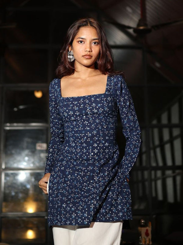 BLUE COLOR PRINTED SQUARE NECK PURE COTTON KURTI