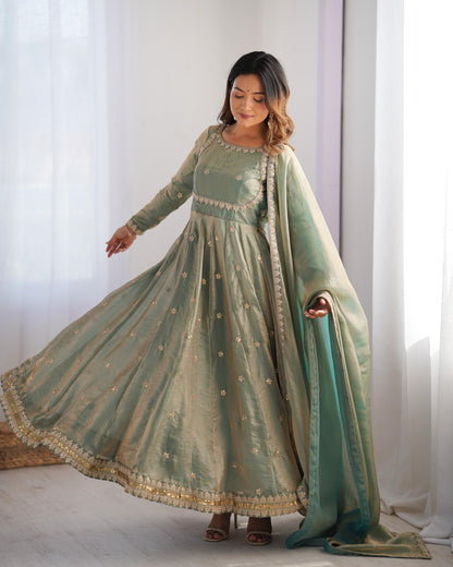 GREEN COLOR FANDY SILK BASE EMBROIDERED ANARKALI SUIT SET OF 3