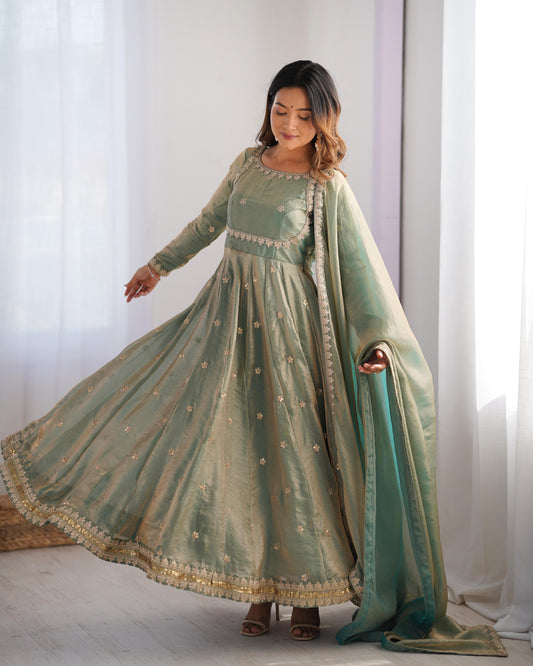 GREEN COLOR FANDY SILK BASE EMBROIDERED ANARKALI SUIT SET OF 3