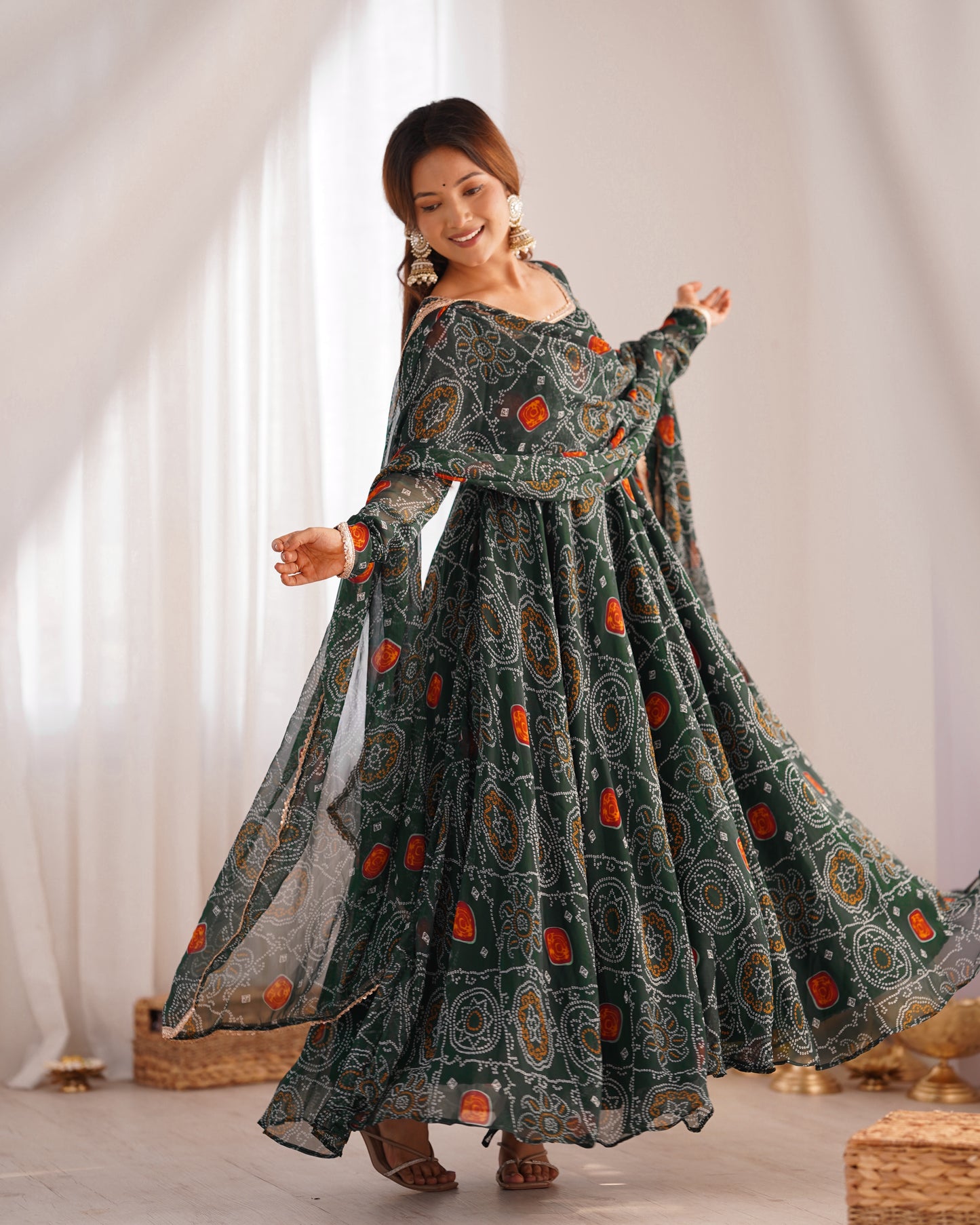 GREEN COLOR BANDHEJ PRINT SOFT CHIFFON ANARKALI SUIT SET OF 3