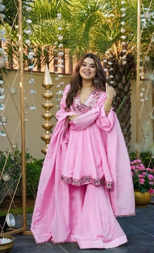 BABY PINK COLOR CHINON SILK BASE SHARARA SET