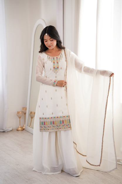 WHITE COLOR CRUNCHY SILK EMBROIDERED PLAZZO SUIT