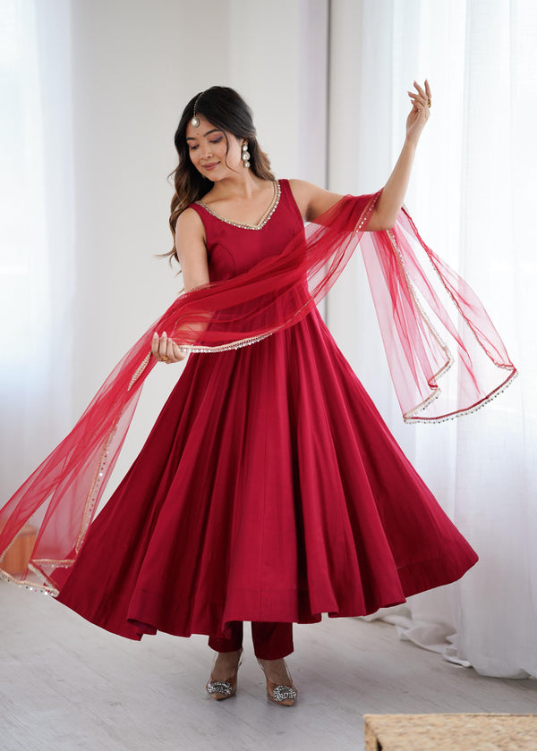 MAROON COLOR PURE ROMANSILK CHANDERI FABRIC BASE FULLY FLAIR ANARKALI SUIT SET OF 3