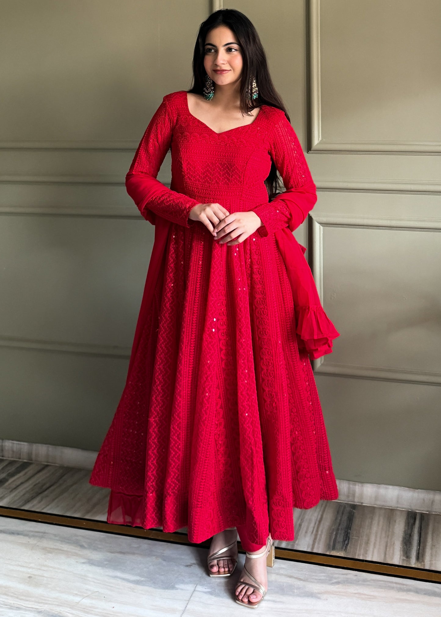 REGAL RED PARTYWEAR LUCKNOWI ANARKALI GOWN SET