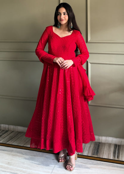 REGAL RED PARTYWEAR LUCKNOWI ANARKALI GOWN SET