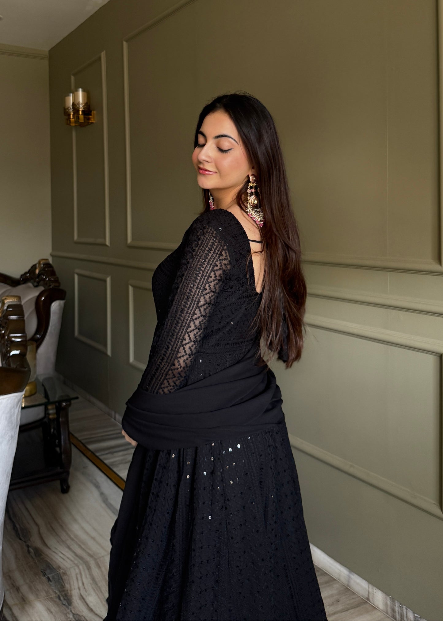 ROYAL BLACK LUCKNOWI GEORGETTE ANARKALI GOWN SET