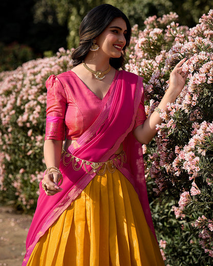 MUSTARD KANCHIPURAM SILK DESIGNER HALF SAREE