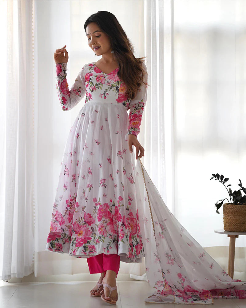 WHITE ORGANZA SILK FLORAL PRINT THREE PIECE ANARKALI SUIT