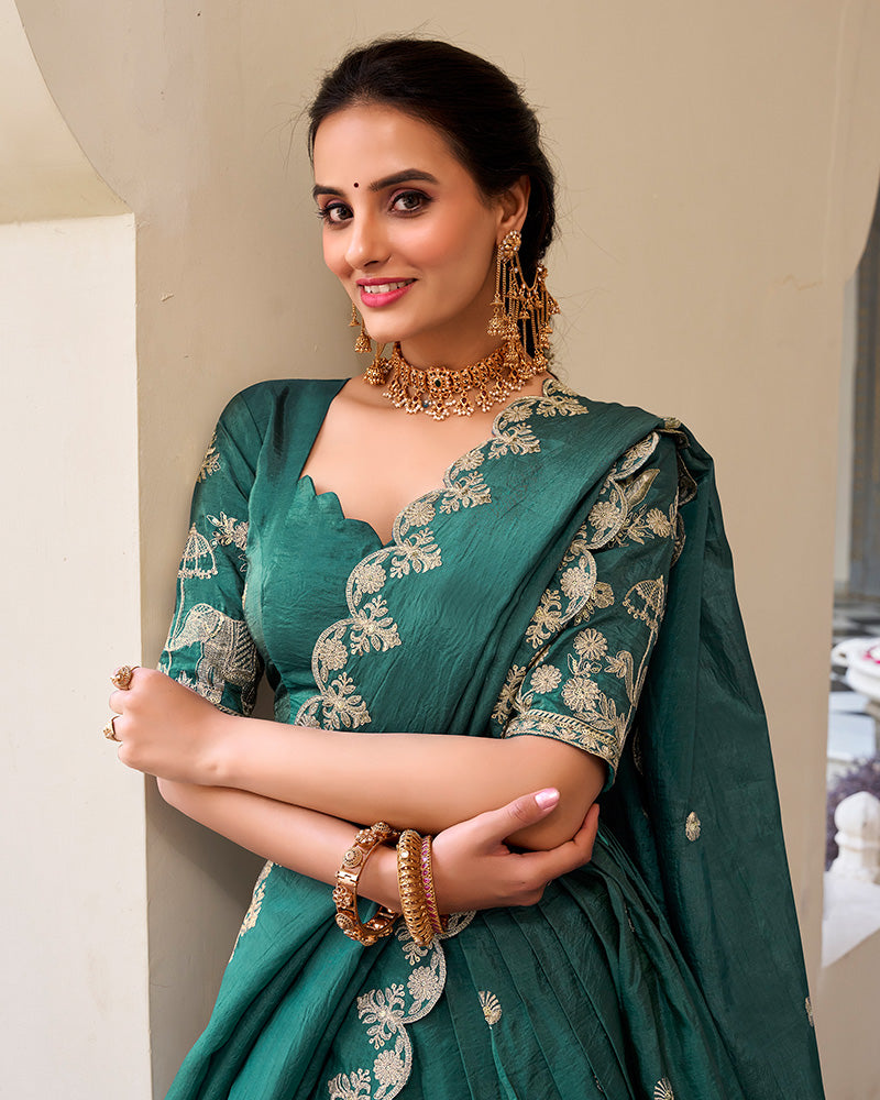 TEAL GREEN BLOOM EMBROIDERED GOLD CRUSH LEHENGA CHOLI