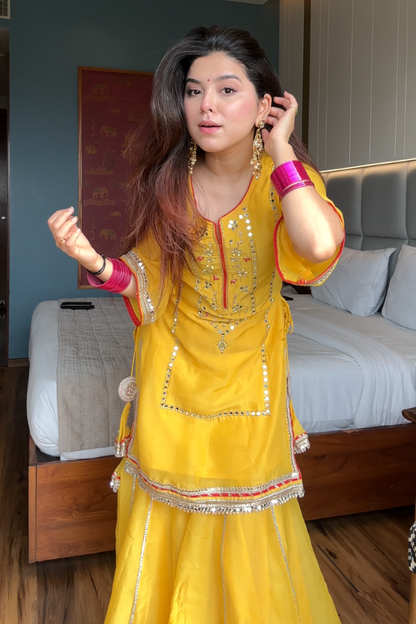 MOST TRENDING YELLOW COLOR EMBROIDERY SEQUENCE WORK SHARARA SUIT SET OF 3