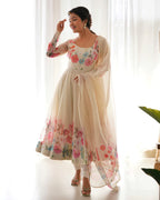 OFF WHITE FLORAL PRINT ORGANZA THREE PIECE ANARKALI SUIT