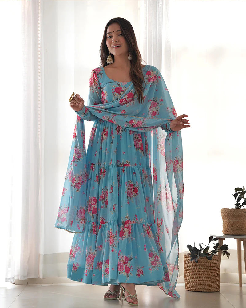 SKY BLUE COLOR GEORGETTE THREE LAYER RUFFLE STYLE ANARKALI SUIT