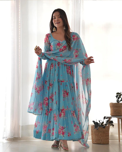 SKY BLUE COLOR GEORGETTE THREE LAYER RUFFLE STYLE ANARKALI SUIT