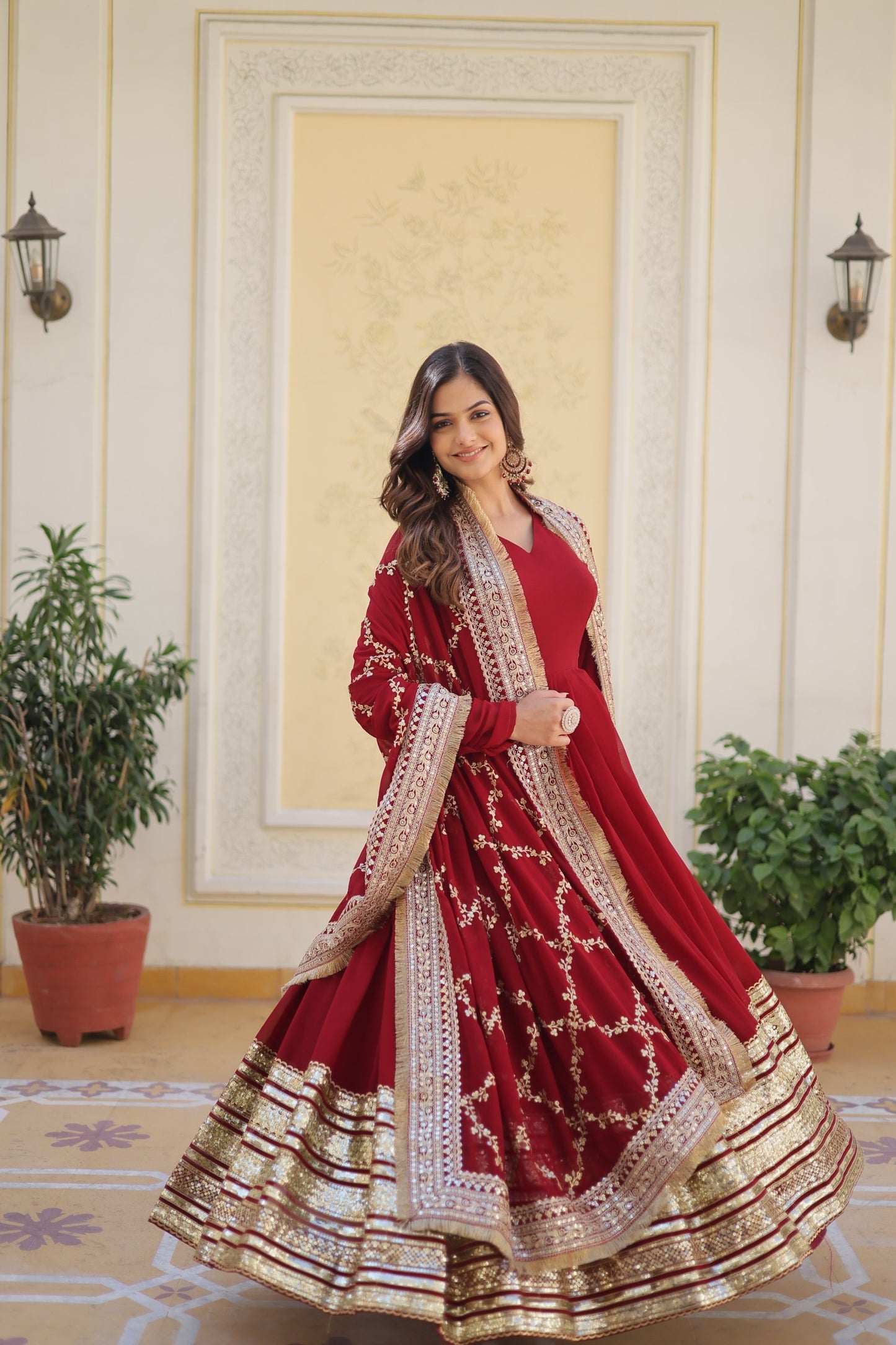 DESIGNER MAROON COLOR BLOOMING SEQUENCE EMBROIDERY WORK GOWN