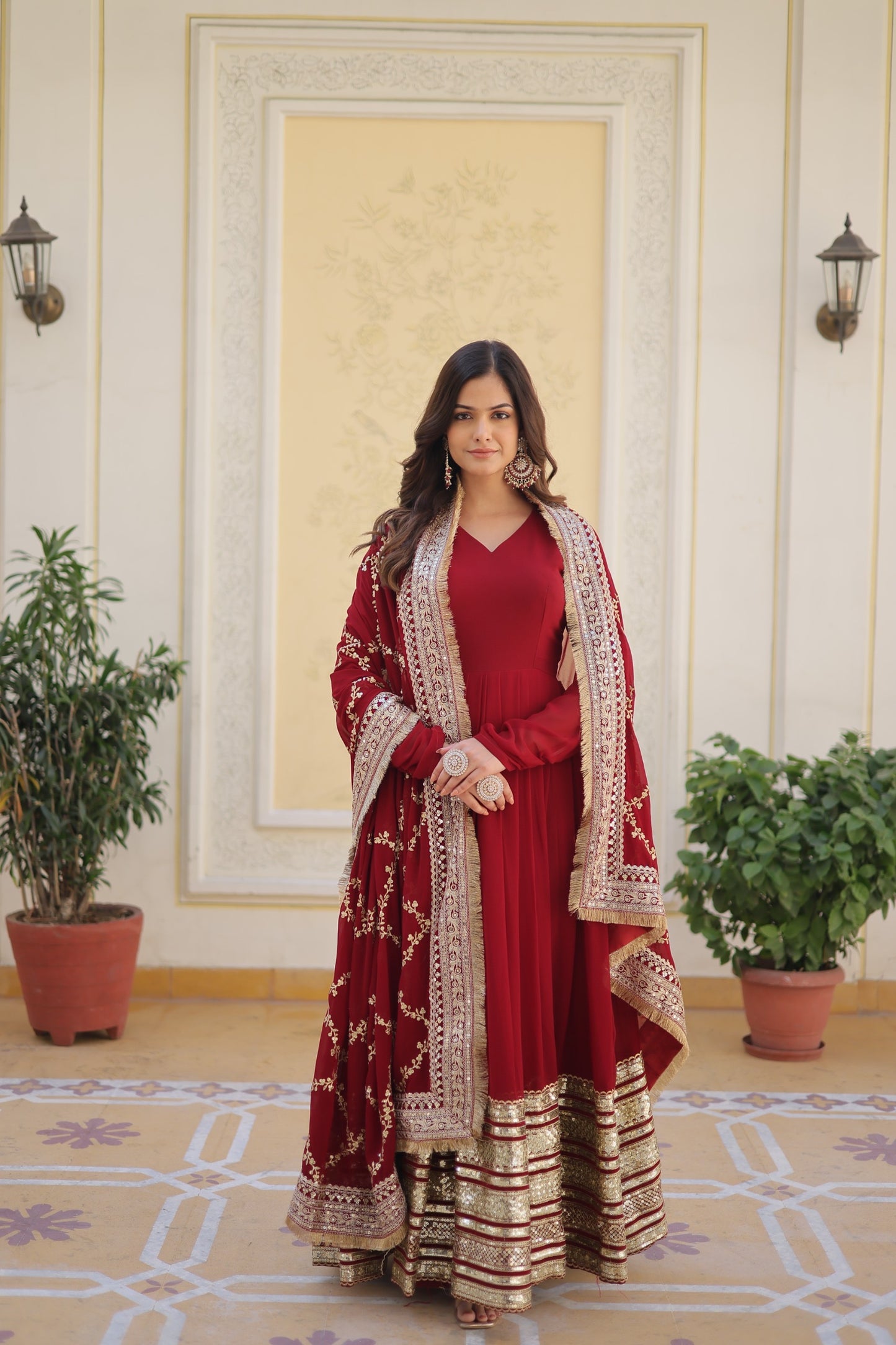 DESIGNER MAROON COLOR BLOOMING SEQUENCE EMBROIDERY WORK GOWN