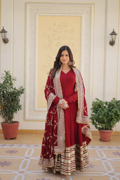 DESIGNER MAROON COLOR BLOOMING SEQUENCE EMBROIDERY WORK GOWN