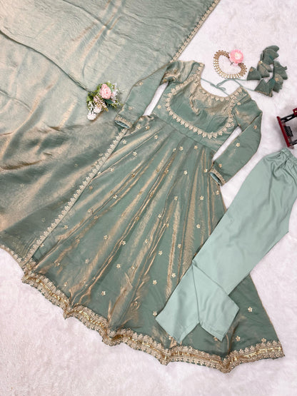 GREEN COLOR FANDY SILK BASE EMBROIDERED ANARKALI SUIT SET OF 3