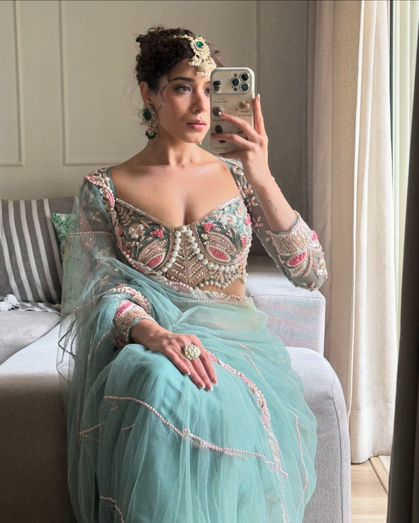 DUSKY TURQUOISE EMBROIDERED NET SAREE WITH BLOUSE