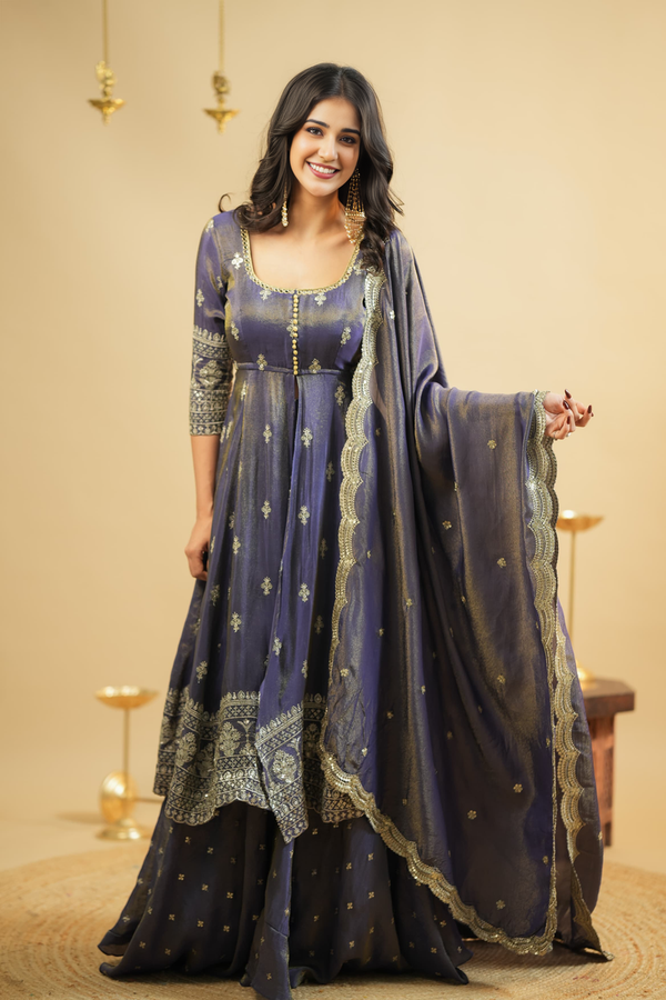 ELEGANT GREY COSMO SILK ANARKALI SUIT WITH SKIRT