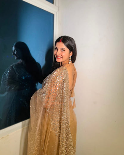 KRITIKA SINGH IN GOLDEN SOFT NET BEAUTIFUL DESIGNER SAREE