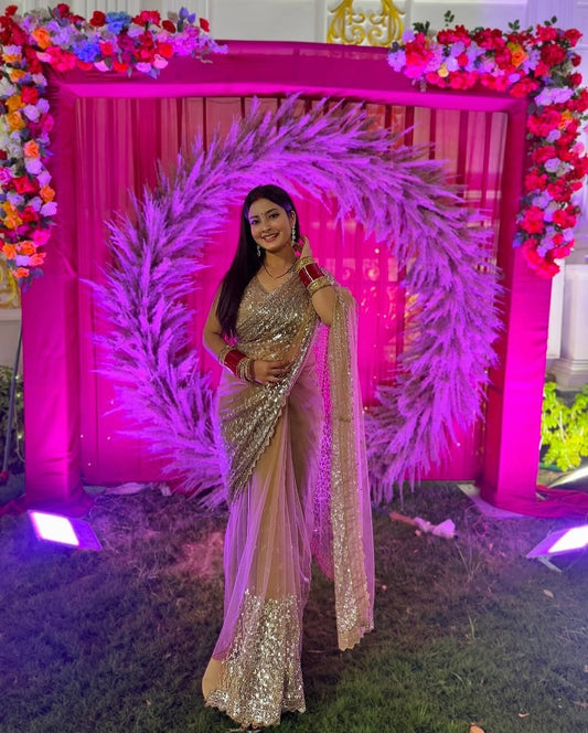 KRITIKA SINGH IN GOLDEN SOFT NET BEAUTIFUL DESIGNER SAREE