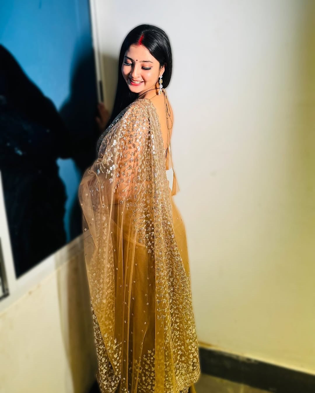 KRITIKA SINGH IN GOLDEN SOFT NET BEAUTIFUL DESIGNER SAREE