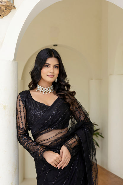 BLACK COLOR SOFT MONO NET FABRIC THREAD & SEQUENCE WORK AREE WITH BLOUSE