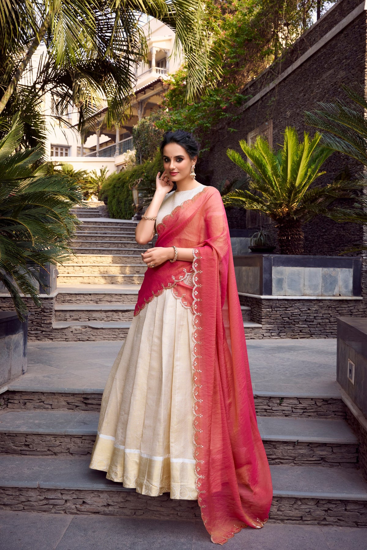 REGAL IVORY & CRIMSON PINK CUTWORK SILK HALF SAREE
