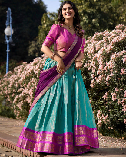 SKY BLUE KANCHIPURAM SILK DESIGNER HALF SAREE