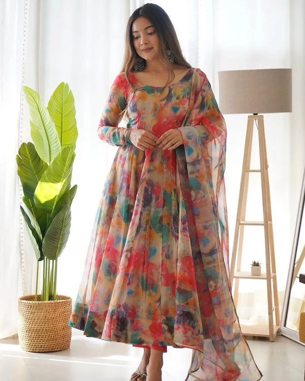 RED MULTI COLOR PRINT ORGANZA THREE PIECE ANARKALI SUIT
