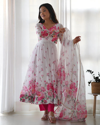 WHITE ORGANZA SILK FLORAL PRINT THREE PIECE ANARKALI SUIT