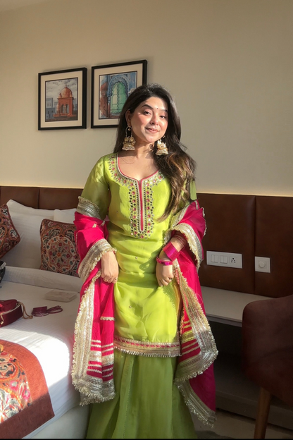 MOST TRENDING PARROT GREEN COLOR EMBROIDERY SEQUENCE WORK SHARARA SUIT SET OF 3