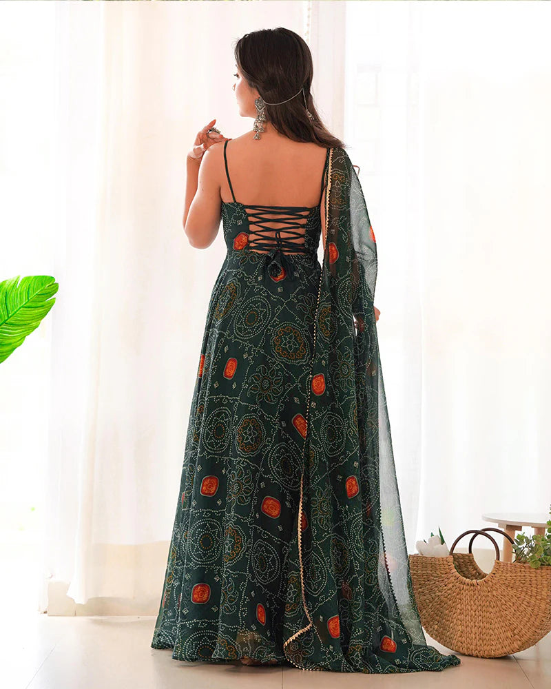 FLORAL DARK GREEN COLOR BANDHANI PRINT SOFT CHIFFON ANARKALI GOWN