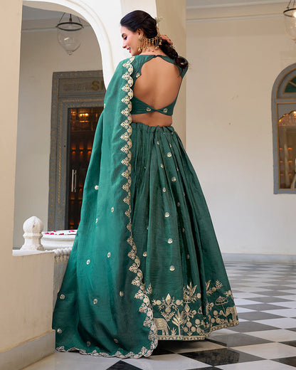 TEAL GREEN BLOOM EMBROIDERED GOLD CRUSH LEHENGA CHOLI